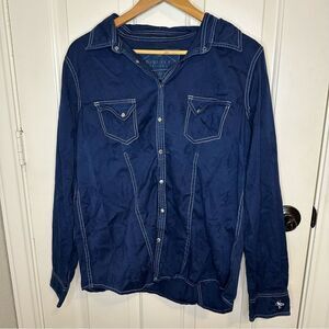 Barn Fly Trading Navy Blue Night Novelty Print Snap Up Long Sleeve Sz XL Weatern